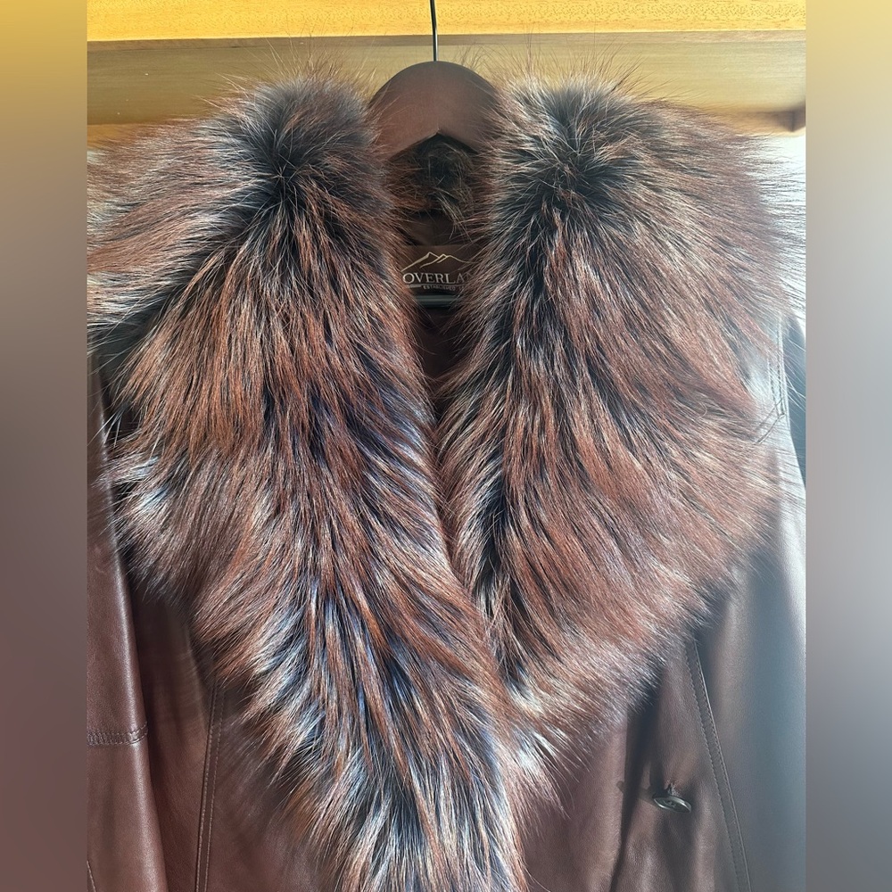Overland Lambskin Brown Leather Jacket with Fox Fur Trim - size M - Picture 2 of 10
